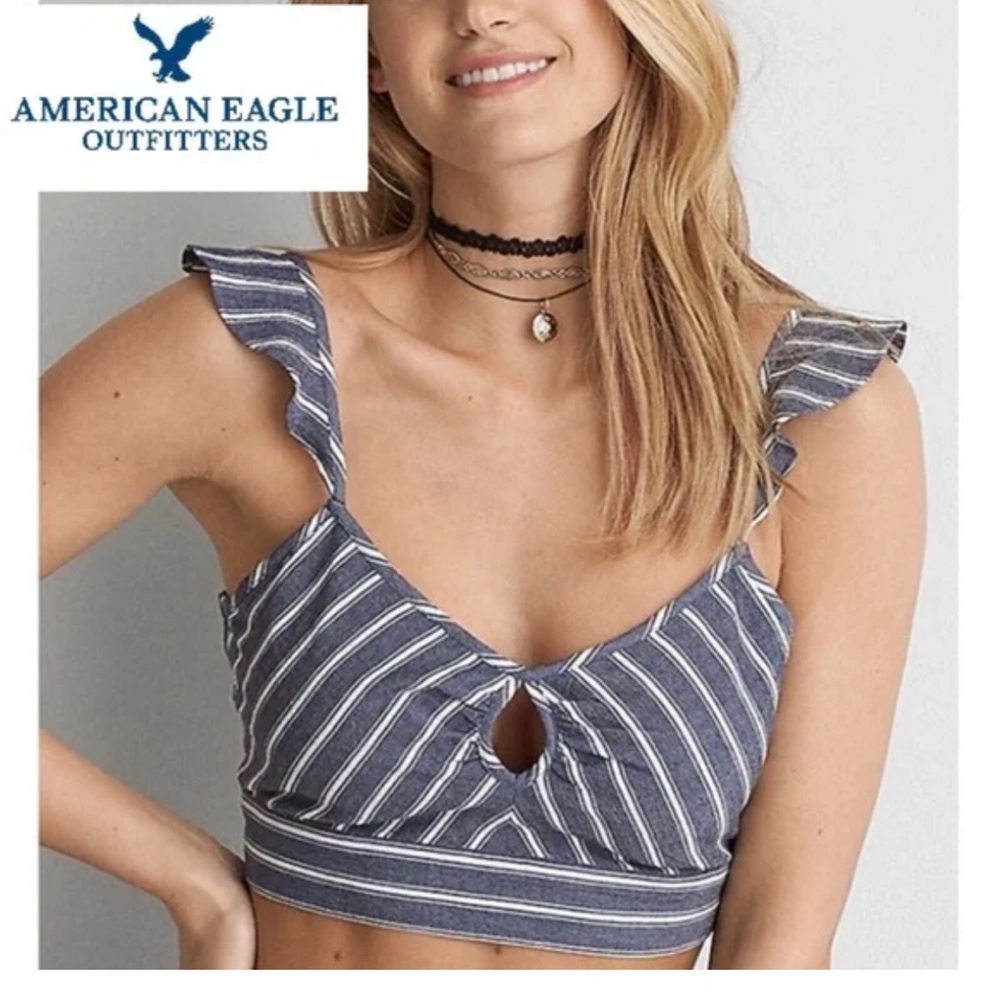 American Eagle XL Blue White Stripe Ruffle Strap Keyhole Crop Top Smocked Back
